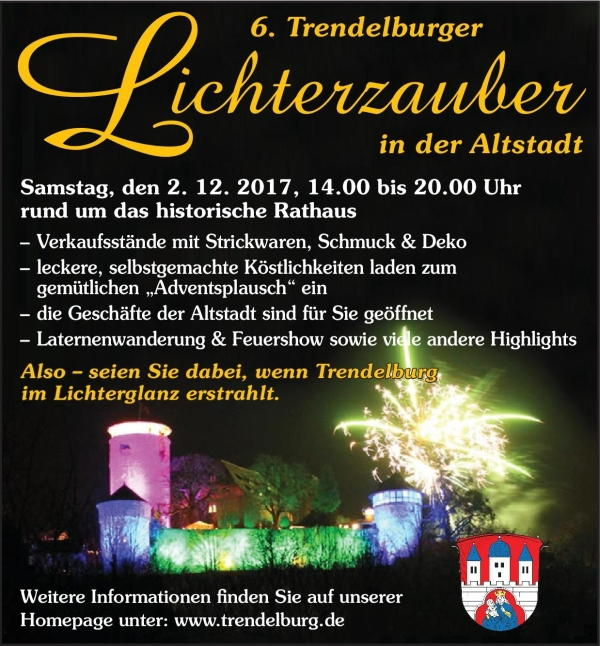 Plakat des Trendelburger Lichterfestes, zeigt die mehrfarbig angestrahlte Trendelburg auf schwarzem Hintergrund, darüber Info-Text