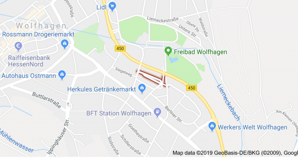 Ausschnitt von Google-maps für den Bereich Wolfhagen